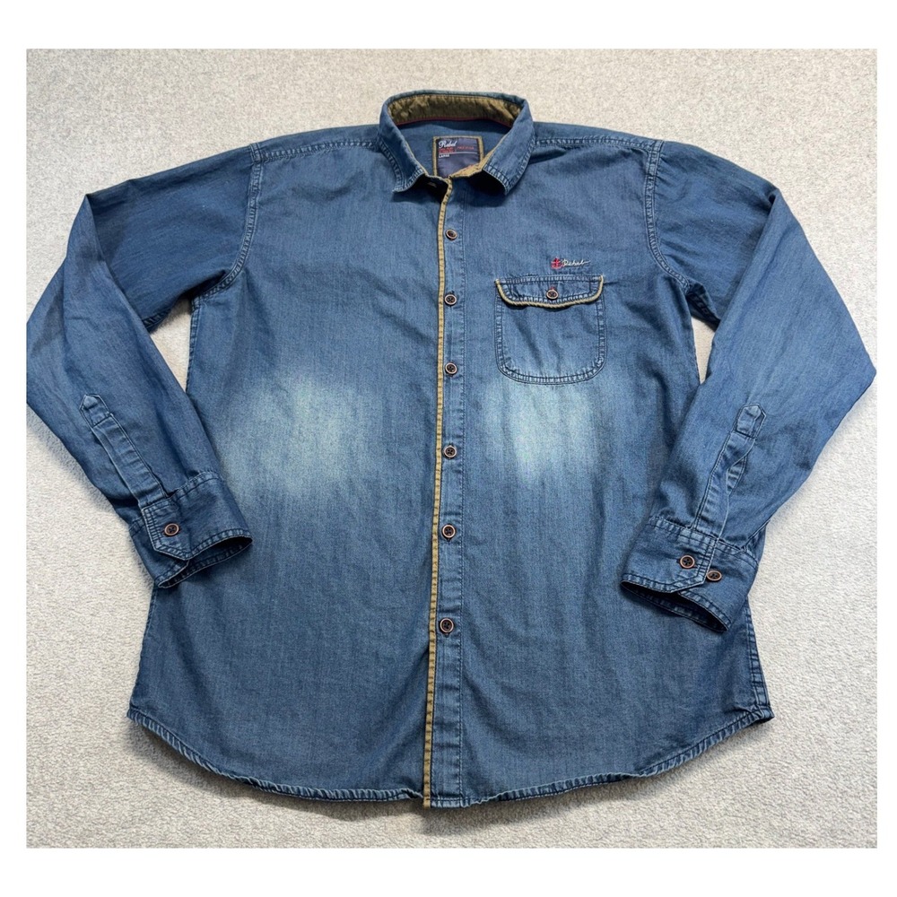 Rebel Denim Shirt Kids L Blue Long Sleeve Button Front Anchor Embroidery Western